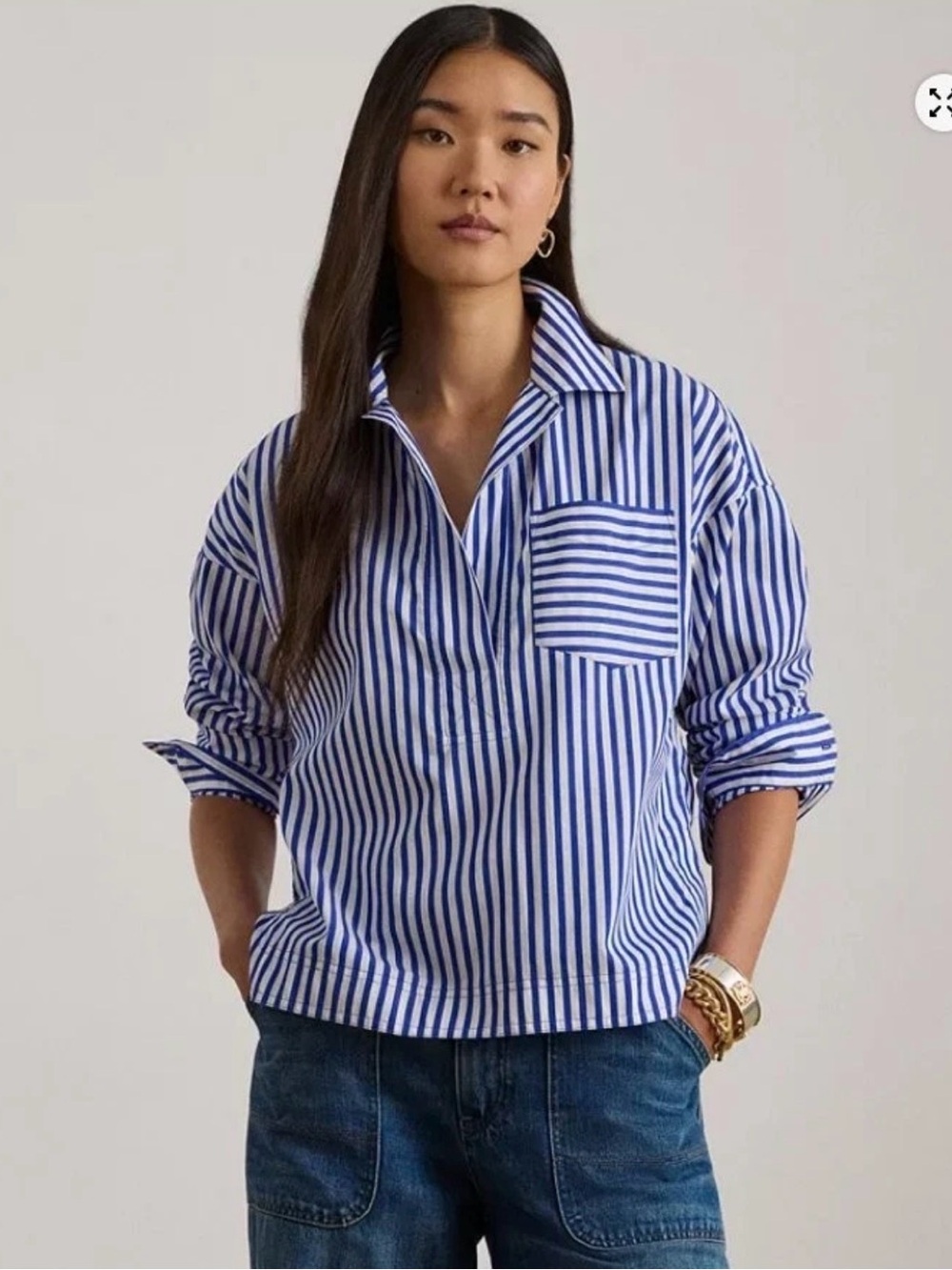 Lauren Ralph Lauren resort Striped Cotton Broadcloth Cropped Shirt PL NWT